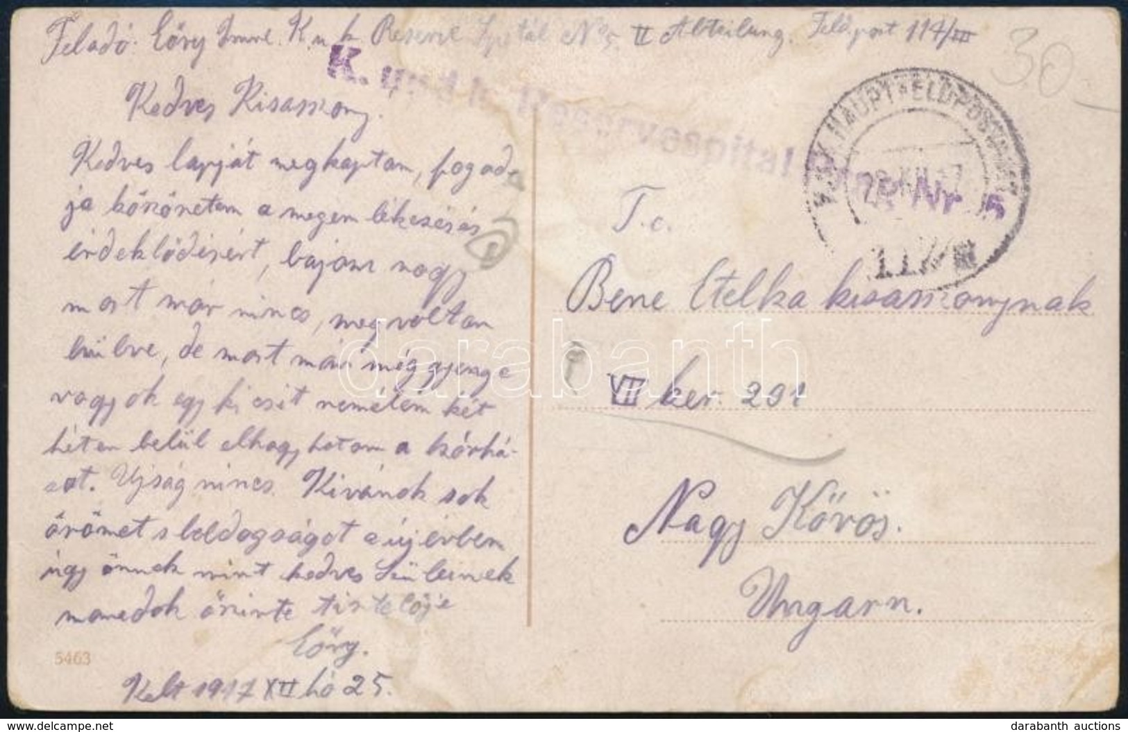 1917 Tábori Posta Képeslap 'K. Und K. Reservespital Prag Nr.5.' + 'HP 117/III' - Autres & Non Classés
