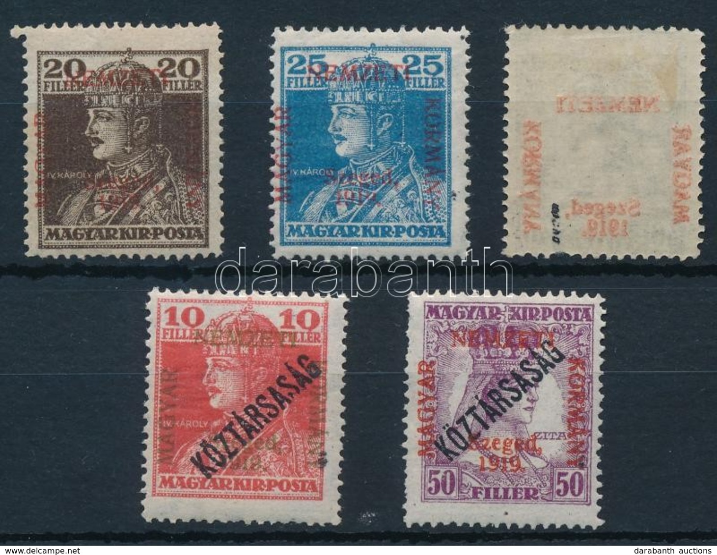 ** * Szeged 1919 5 Klf Károly-Zita érték, Zita 40f Gépszínátnyomattal (21.750) / Mi 23-25, 36, 40. Signed: Bodor - Autres & Non Classés