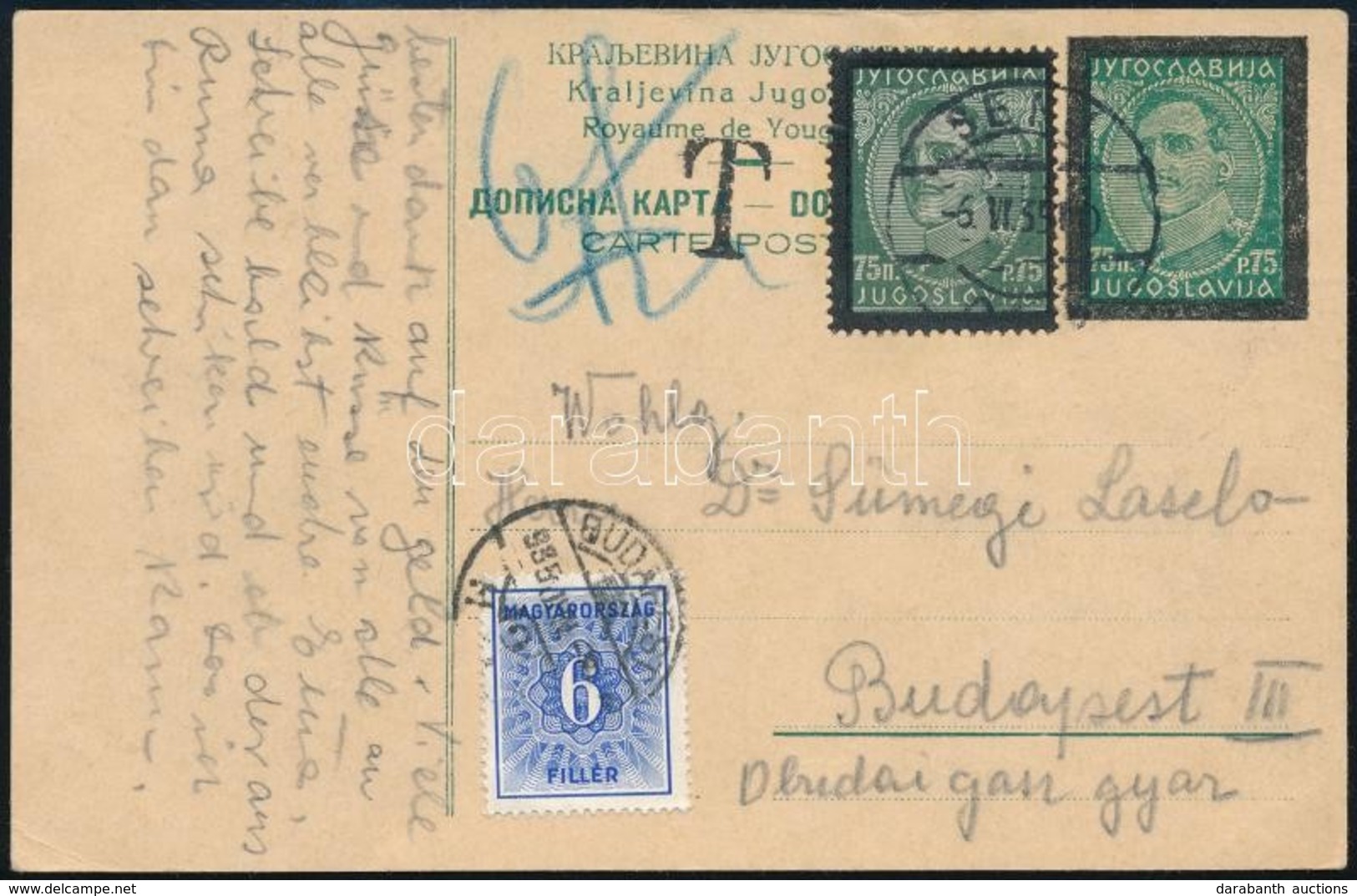 1935 Jugoszláviából Küldött Díjjegyes Levelezőlap 6f Portóval Budapestre - Autres & Non Classés