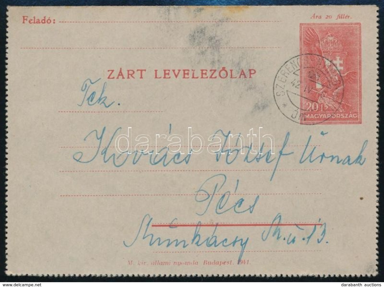 1942 20f Díjjegyes Zárt Levelezőlap 'SZERENCS-NYÍREGYHÁZA / Jm' Mozgóposta Bélyegzéssel - Other & Unclassified