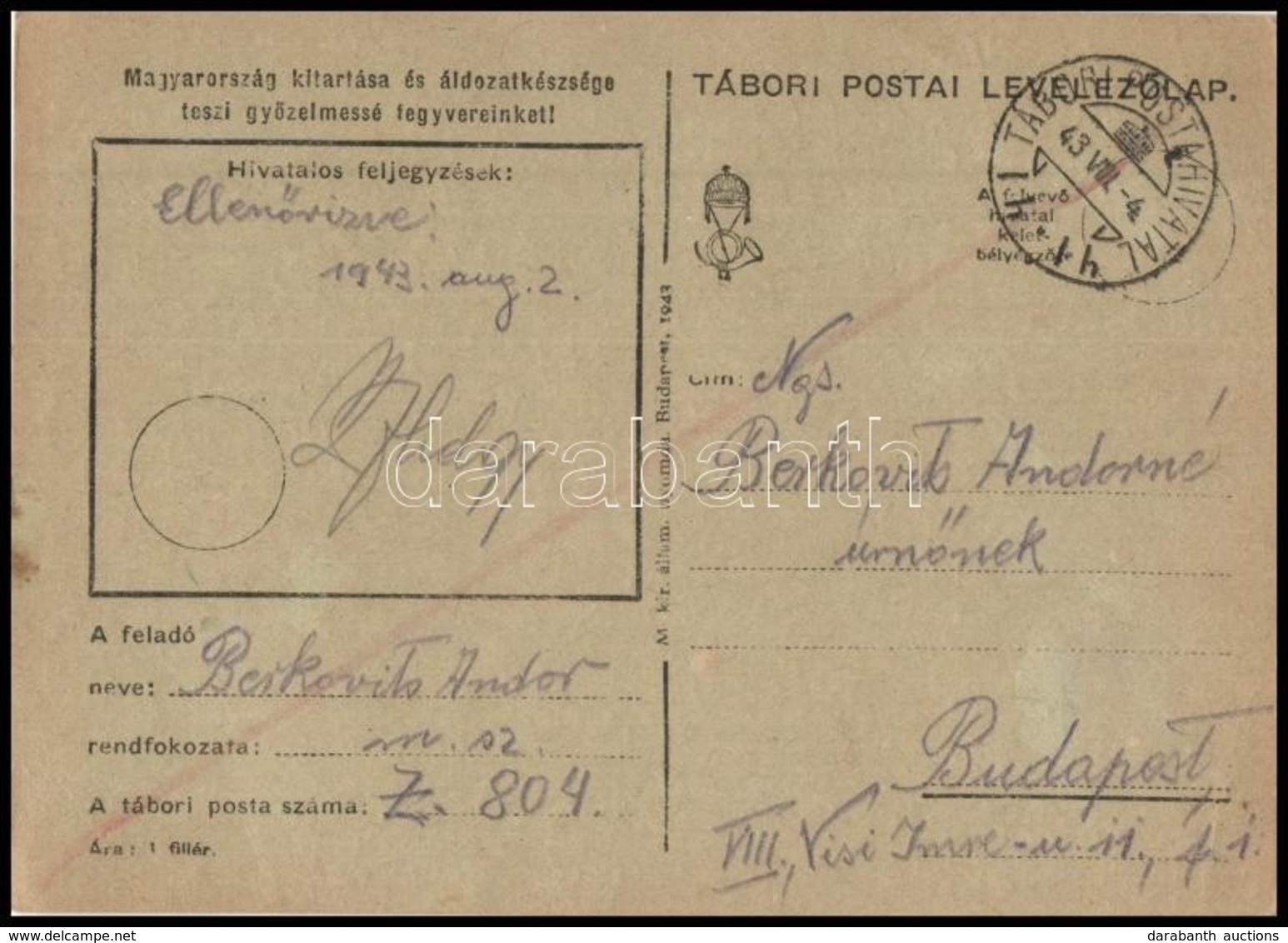 1943 Tábori Posta Levelezőlap Berkovits Andor Munkaszolgálatos által Feladva - Autres & Non Classés