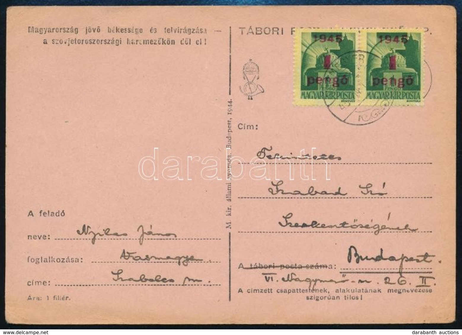 1945 (2. Díjszabás) Távolsági Levelezőlap Kisegítő 2 X 1P/1P Bérmentesítéssel - Autres & Non Classés