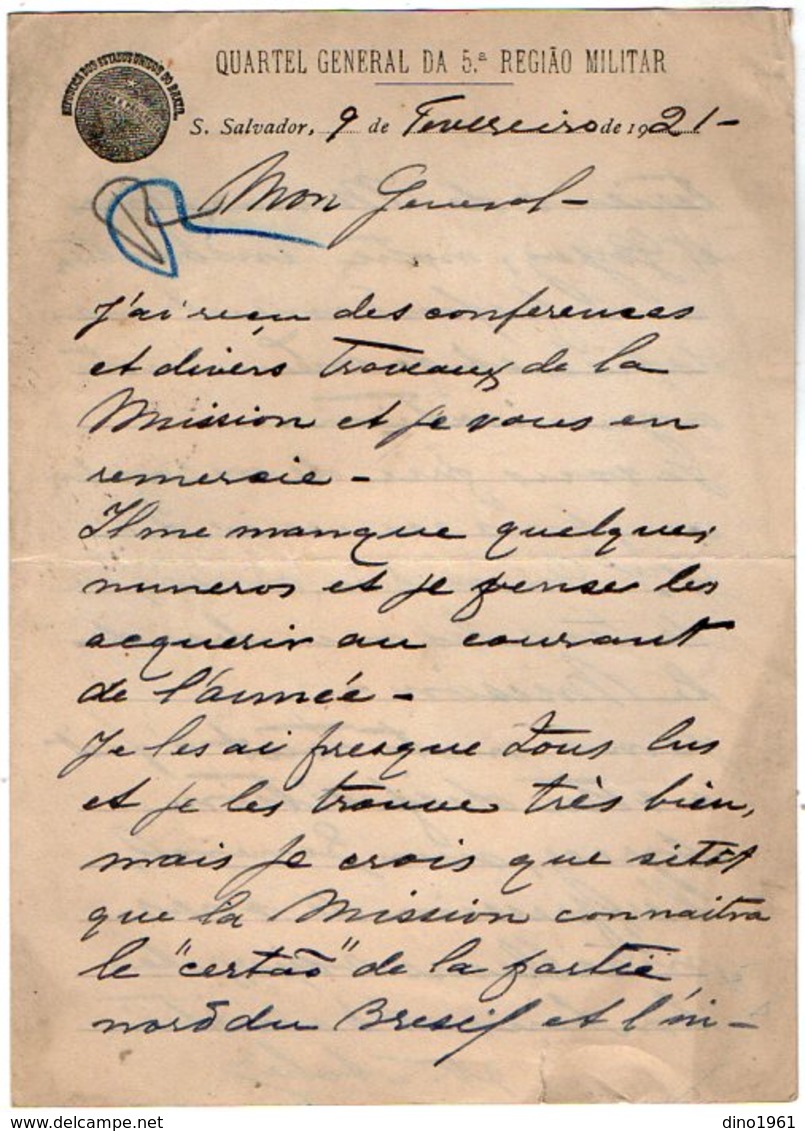 VP13.089 - Brésil - Quartel General Da 5a Regiao Militar S. SALVADOR 1921 - Lettre De Mr V. ACHE Pour Mr Le Gal GAMELIN - Documentos