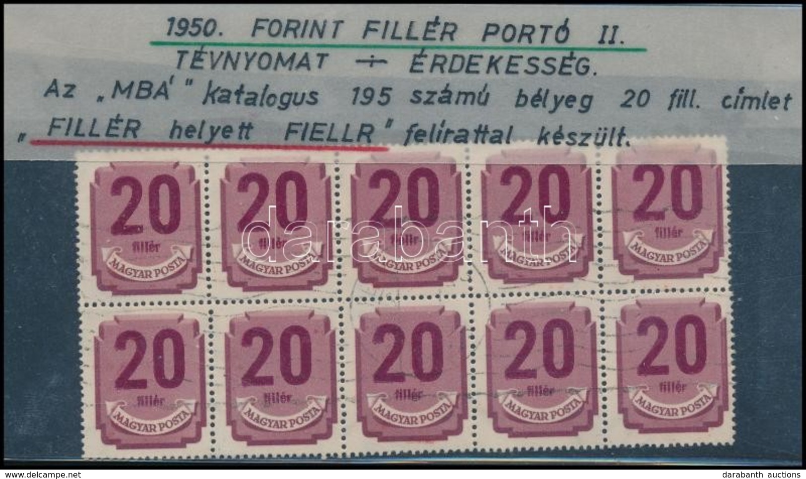 O 1950 Portó 20f Tízestömb, Benne ,,fiéllr' Szedési Hiba - Autres & Non Classés