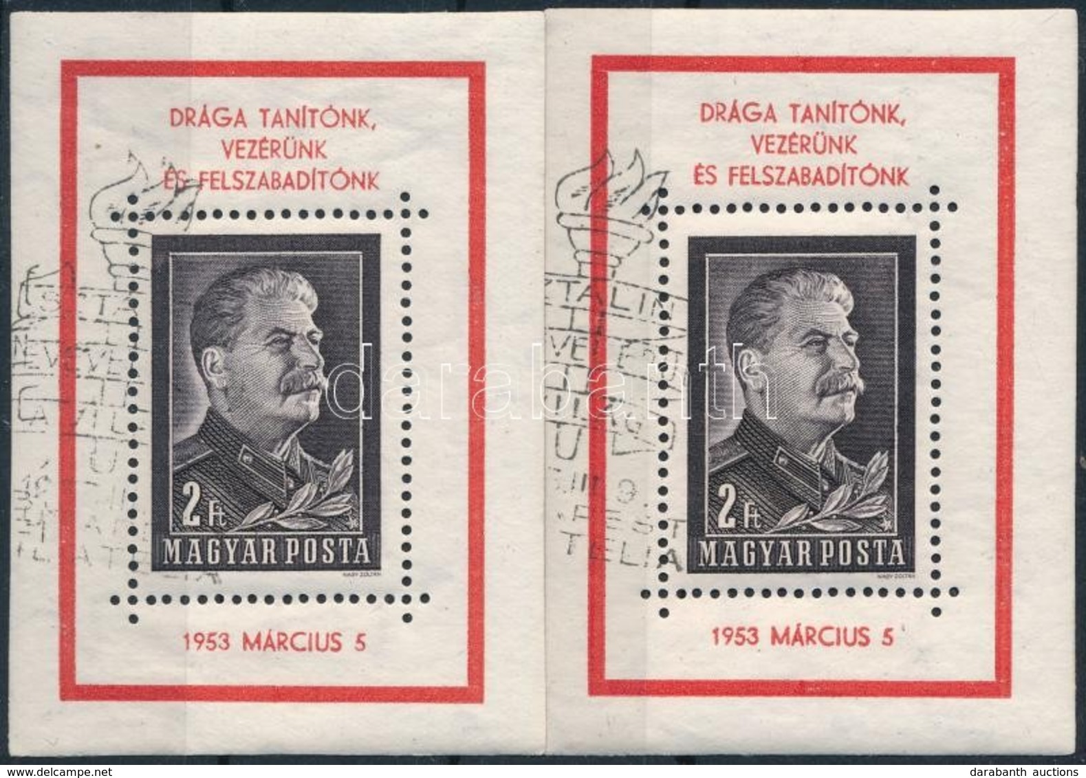 O 1953 2 Db Sztálin Gyász Blokk Elsőnapi Bélyegzéssel (12.000) - Autres & Non Classés