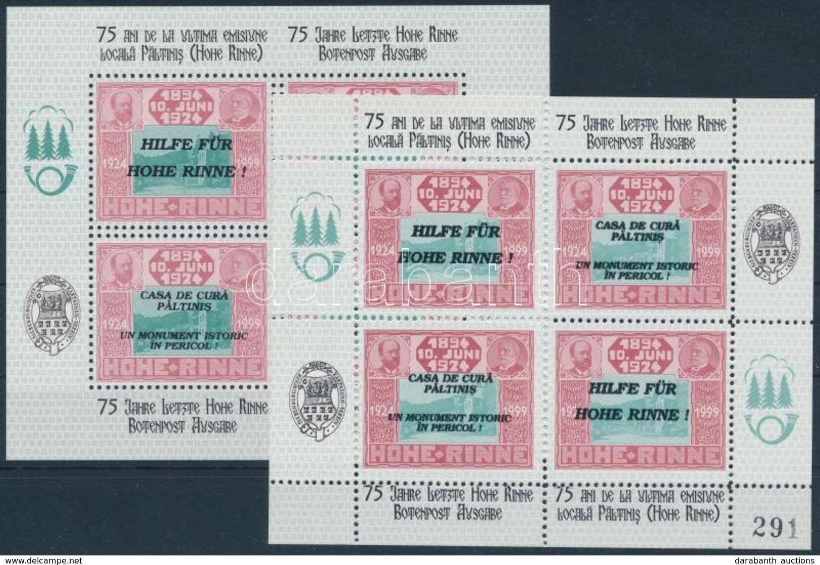 ** 1999 Hohe Rinne Fogazott + Vágott  Felülnyomott Emlékív Pár Azonos Sorszámmal (291) - Autres & Non Classés