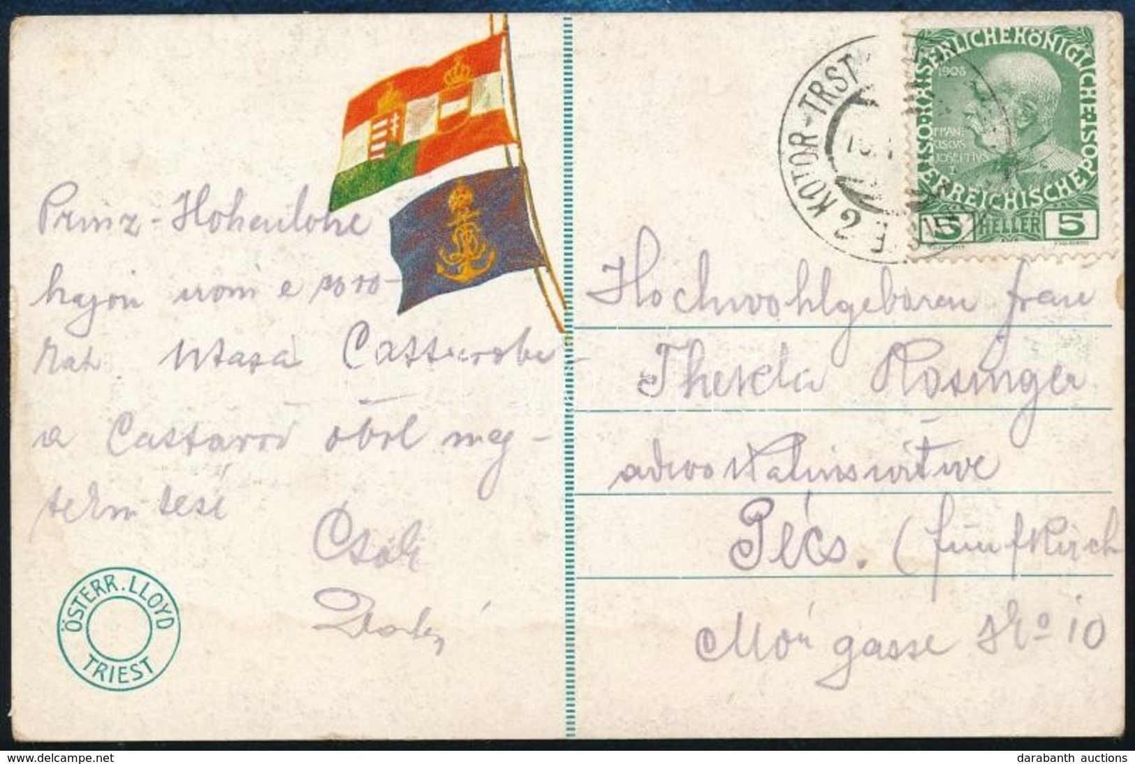 ~1910 Képeslap KOTOR-TRST Tengeri Postával Pécsre - Autres & Non Classés