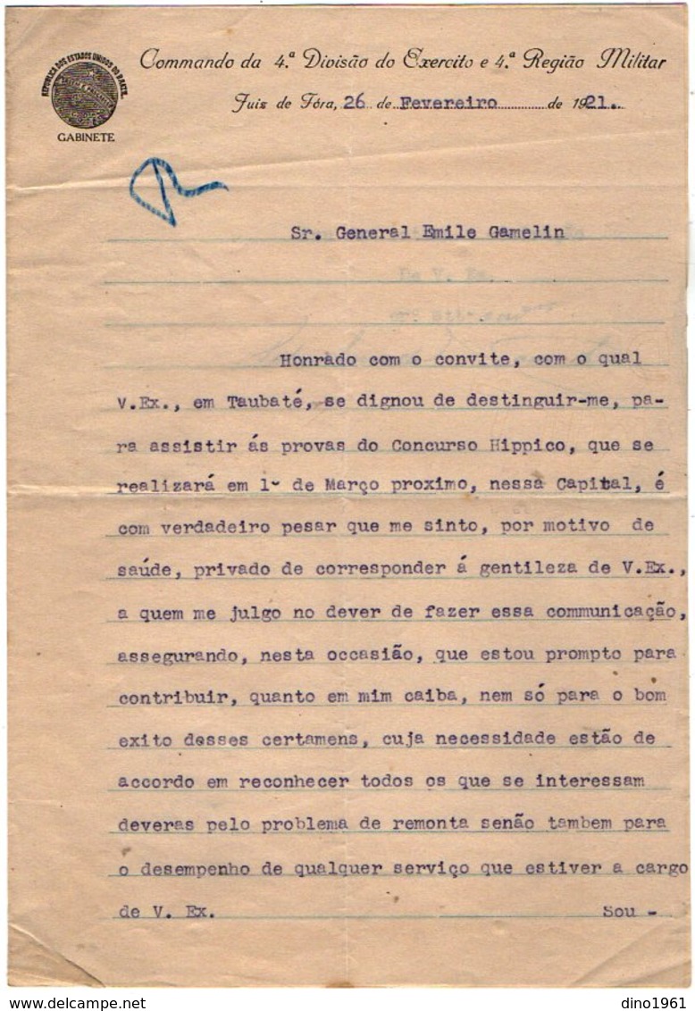 VP13.090 - Brésil - Commando Da 4a Divisao Do Exercito ......JUIS DE FORA 1921 - Lettre De Mr ? Pour Mr Le Gal GAMELIN - Documents