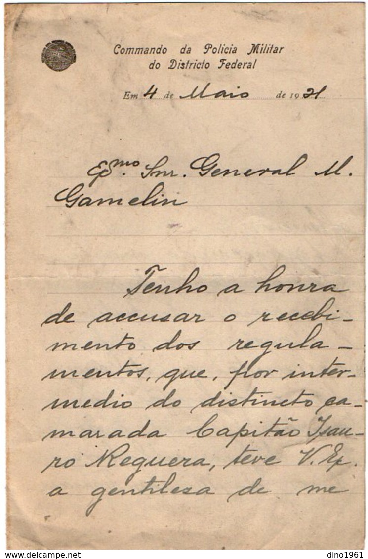 VP13.091 - Brésil - Commando Da Policia Militar à RIO DE JANEIRO ? 1921  - Lettre De Mr ? Pour Mr Le Général GAMELIN - Documentos