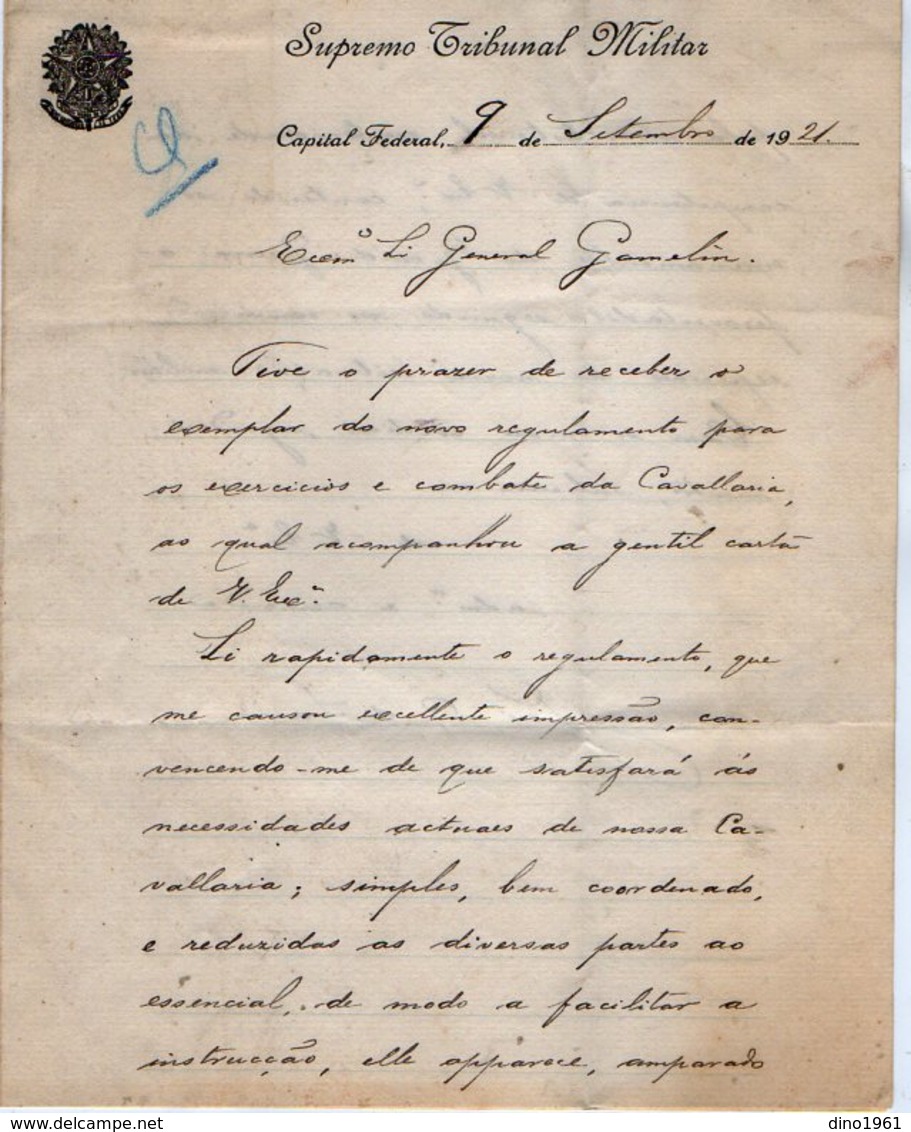 VP13.092- Brésil - Supremo Tribunal Militar à RIO DE JANEIRO 1921 - Lettre De Mr José C. De SARIA Pour Mr Le Gal GAMELIN - Documents