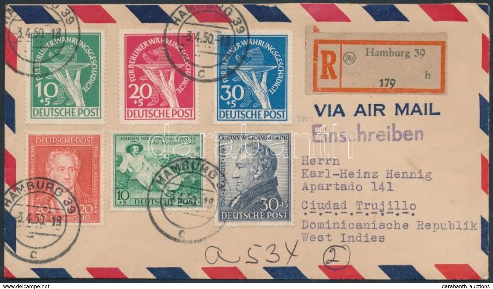 1950 Währungsgeschädigte Sor + Goethe Sor Ajánlott Levélen A Dominikai Köztársaságba - Autres & Non Classés