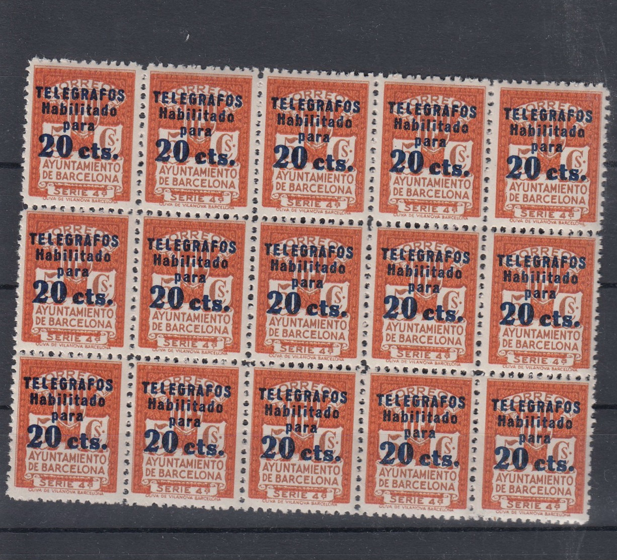 Spanien (AK) Michel Cat.No. Mnh/** Barcelona 12 With Telegrafos Overprint Bloc Of Fifteen - Barcelona