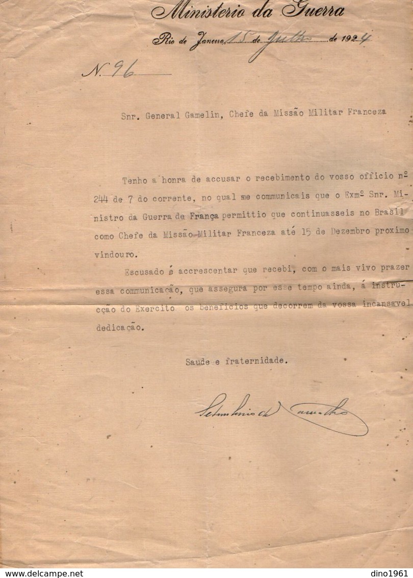 VP13.093 - Brésil - Ministerio Da Guerra à RIO DE JANEIRO 1921 - Lettre De Mr ?? Pour Mr Le Général GAMELIN - Documentos