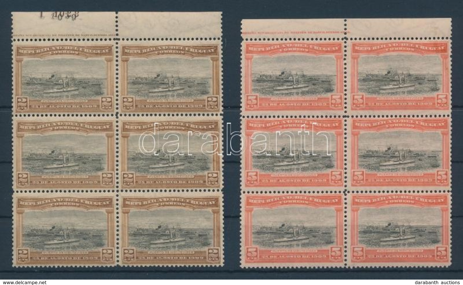 ** 1909 Montevideo-i Kikötő Egy Részének Megnyitása ívszéli 6-os Tömbökben / Mi 174-175 Margin Blocks Of 6 - Other & Unclassified