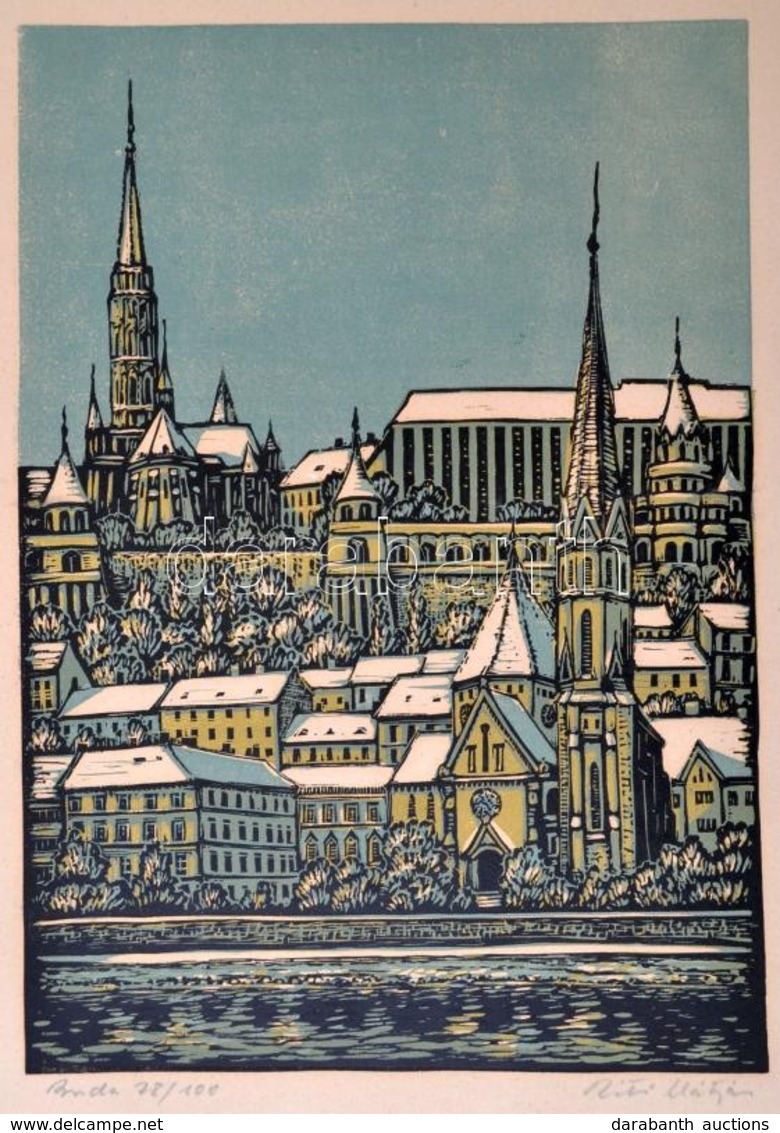 Réti Mátyás (1922-2002): Buda. Színes Linó, Papír, Jelzett, 36×24 Cm - Autres & Non Classés