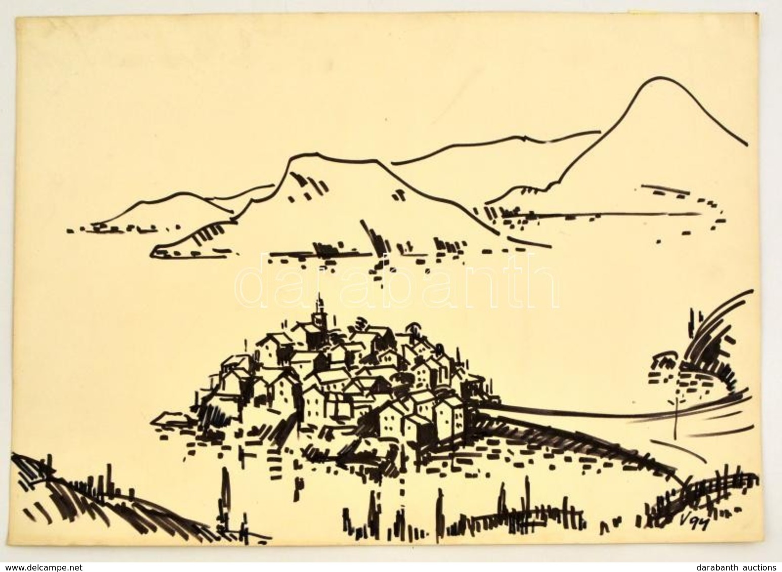 Vincze Győző (1925-2001): Dubrovnik, Tus, Papír, Jelzett, 41,5×58,5 Cm - Autres & Non Classés