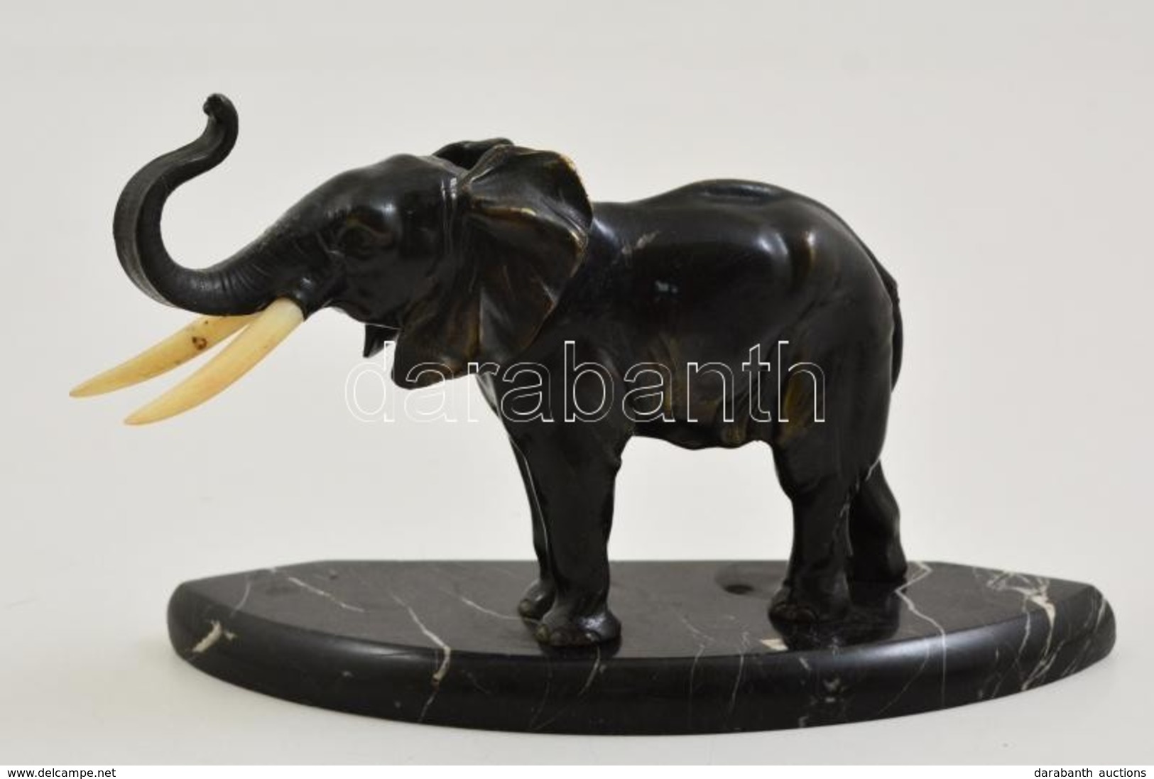 Ón Elefánt Szobor Márvány Talapzaton. M: 16 Cm H: 24 Cm Márványon Kis Lepattanás. / Marble And Tin Elephant Figure. Smal - Autres & Non Classés