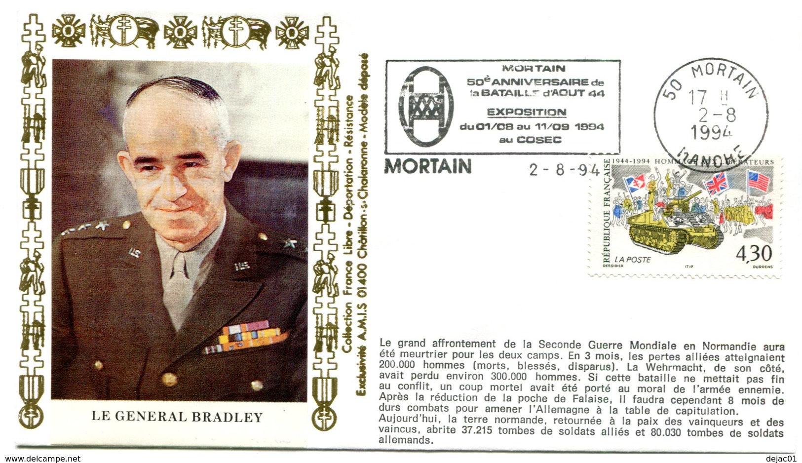 Flamme Mortain Du 2 Août 1994 - Cinquantenaire De La Bataille - X 544 - WW2 (II Guerra Mundial)