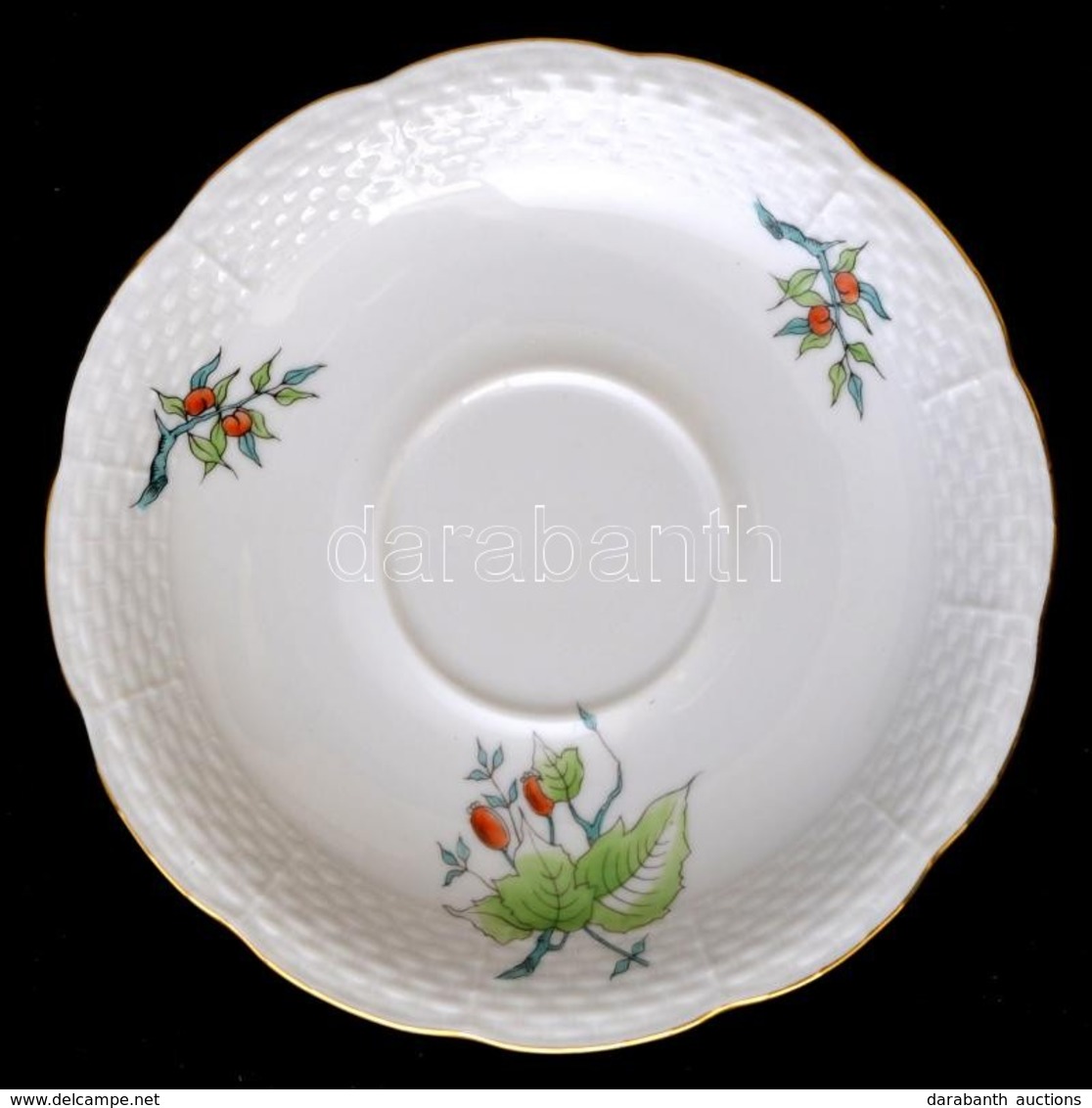 Herendi Csipkebogyómintás Porcelán Csészealj, Kézzel Festett, Jelezett, Hibátlan, D: 15,5 Cm - Autres & Non Classés