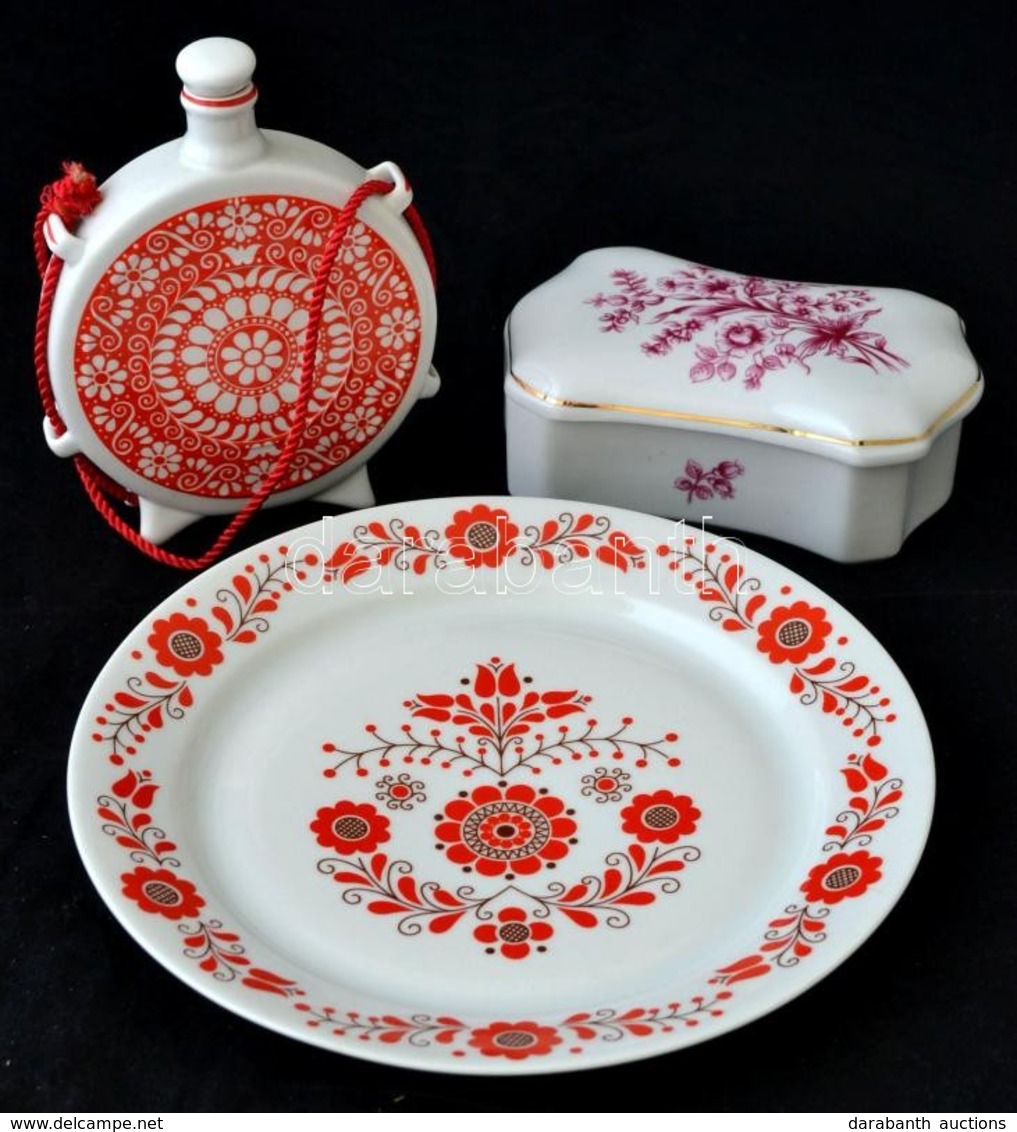 Hollóházi Porcelán Kulacs, Hollóházi ékszertartó Dobozka, Alföldi Porcelán Tál, Matricásak, Jelzettek, Hibátlanok - Autres & Non Classés