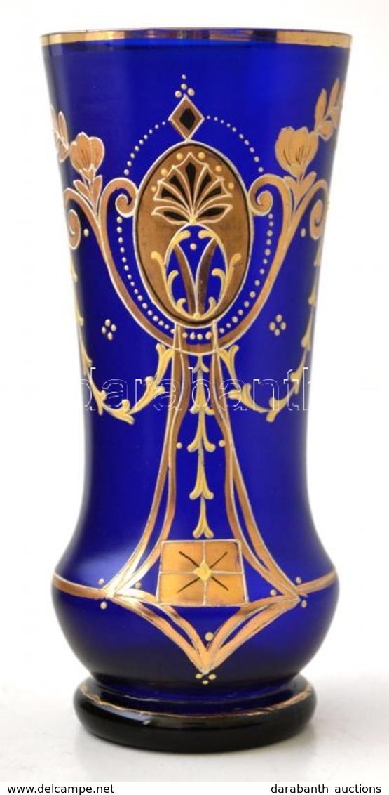 Cca 1900 Kézzel Festett Kobalt Kék Váza, Kopott, Csorba Nélkül, M:17 Cm - Glass & Crystal