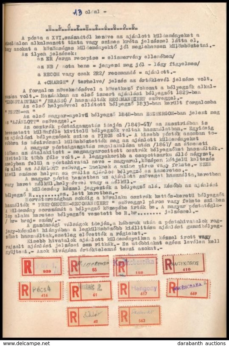 47 Oldalas Gépelt Tanulmány Az Ajánlott Ragjegyekről, Benne 249 Klf Ragjegy + 1 Automata Ragjegyes Levél - Unclassified