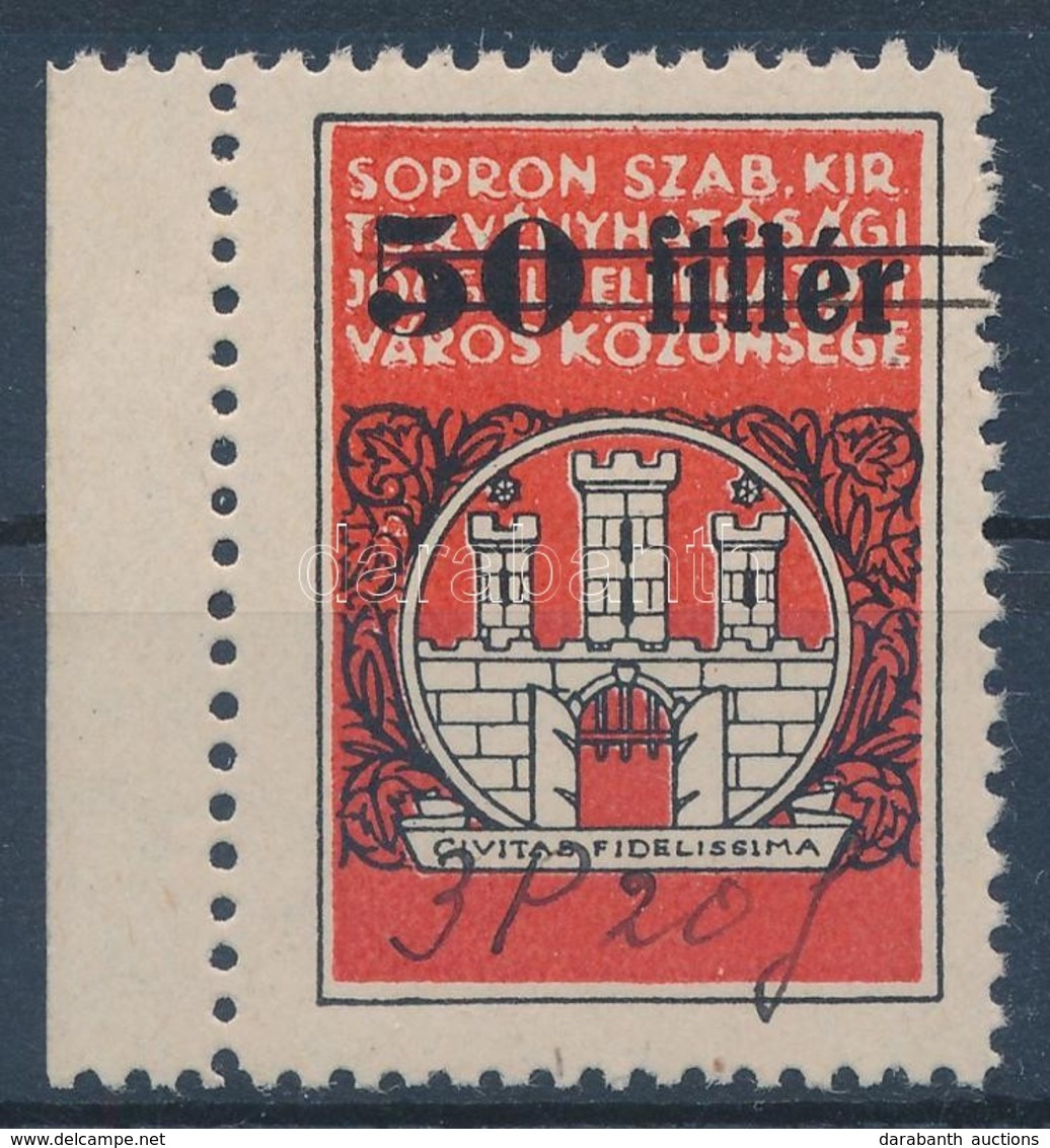 ** 1944 Sopron 50f ívszéli Okmánybélyeg Kézzel írott 3P 20f átértékeléssel - Unclassified
