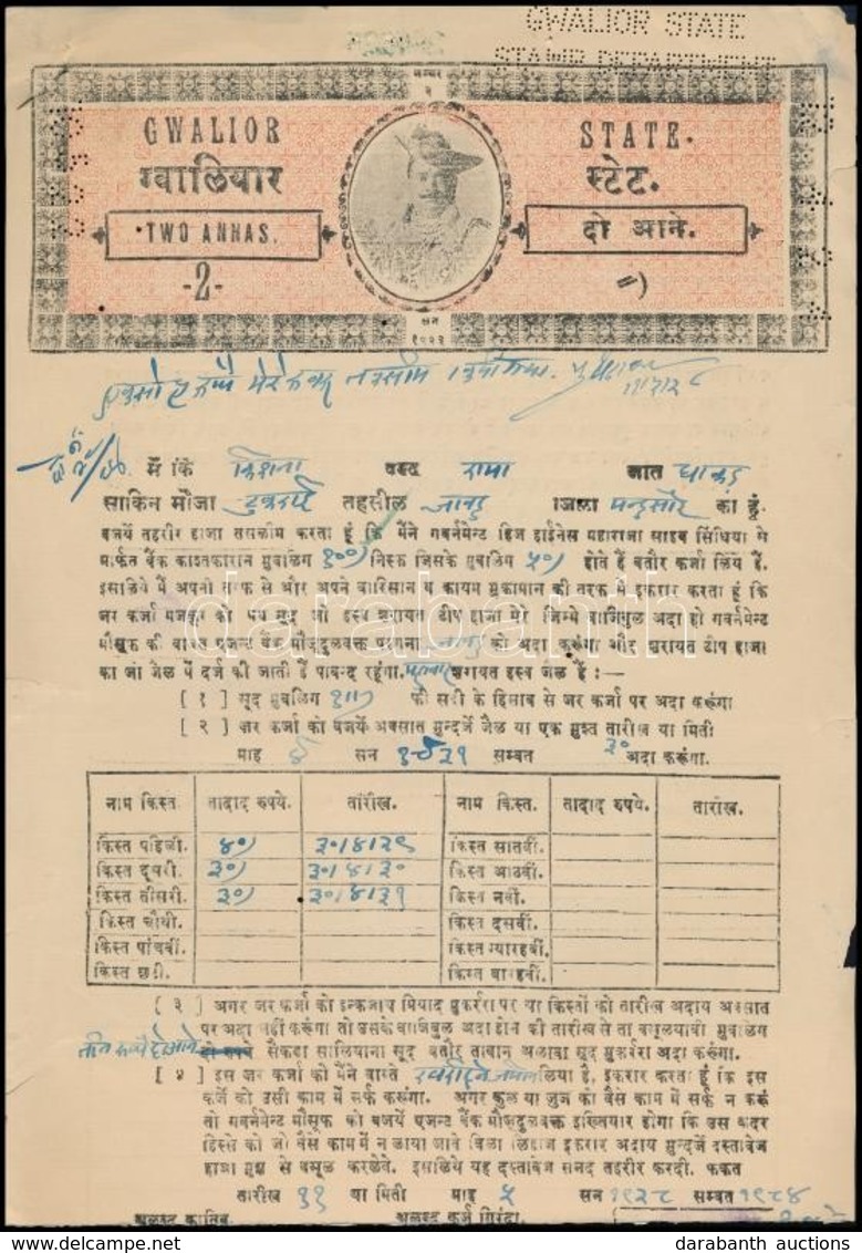 Cca 1943 India, Gwailor állam Adóív 2 Anna Illetékbélyeggel / India Tax Sheet With Document Stamp - Non Classés