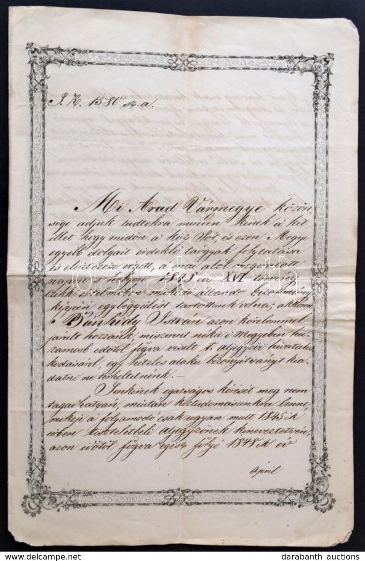 1848 Arad, Igazolás Aljegyző Részére. Kosztolányi Antal Másodjegyző Aláírásával, A Megye Címeres,  Papírfelzetes Viaszpe - Non Classés