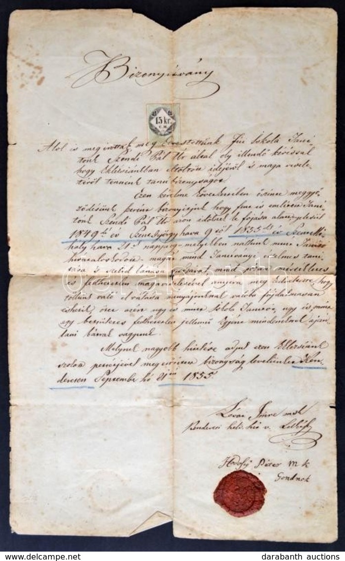 1855 Kenderesen Kiállított Működési Bizonyítvány 15kr CM Illetékbélyeggel - Non Classés