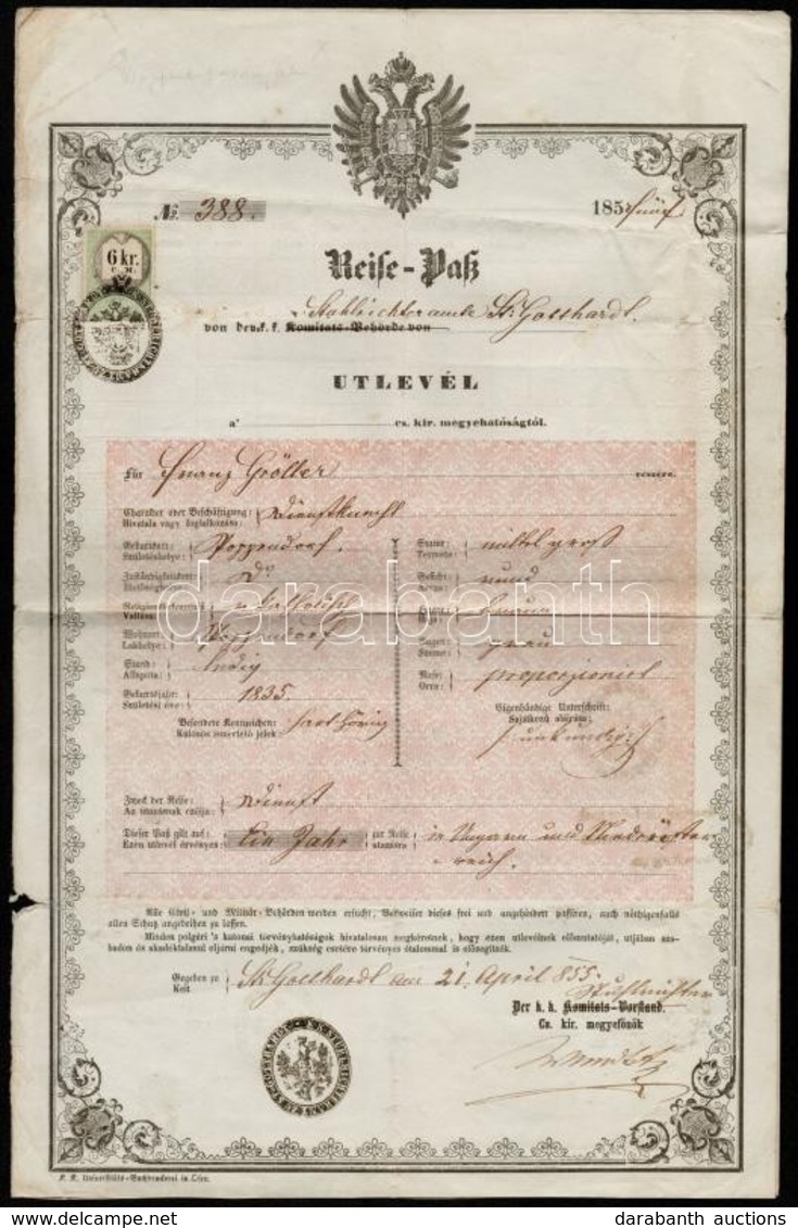 1856 Útlevél Magyar és Német Nyelvű 6kr CM Okmánybélyeggel  Várújafalui Illetőségű Személy Részére / 1856 Passport For H - Non Classés