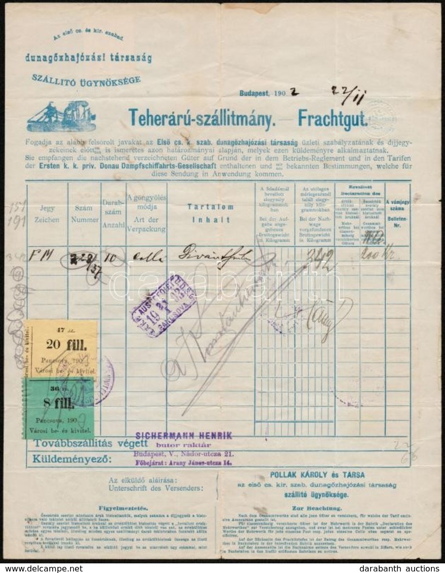 1903 DDSG Fuvarlevél  2 Db Pancsova Város Be- és Kiviteli Bélyeggel / Pancova DDSG Bill Of Freight With Import And Expor - Non Classés