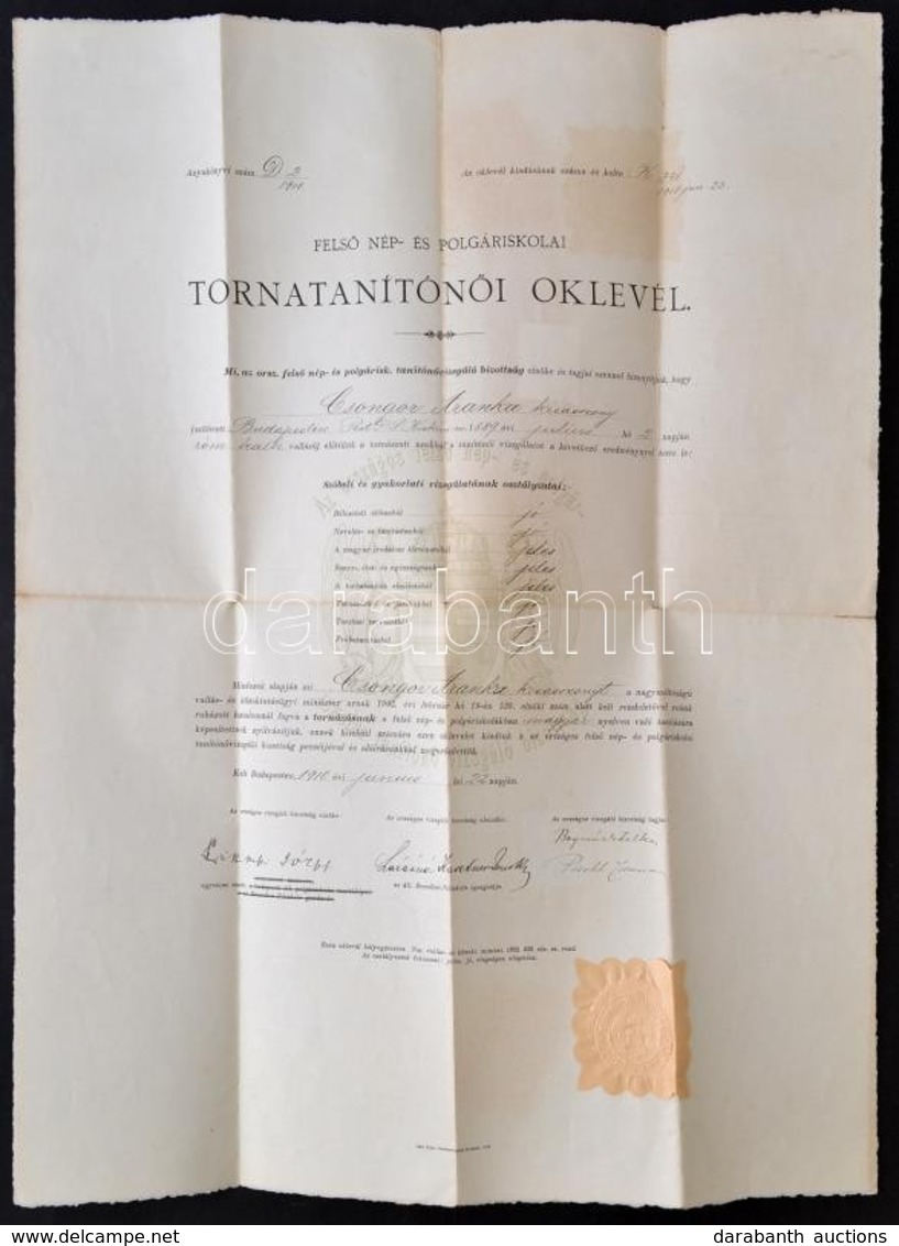 1916 Tornatanítónői Oklevél 42x54 Cm - Unclassified