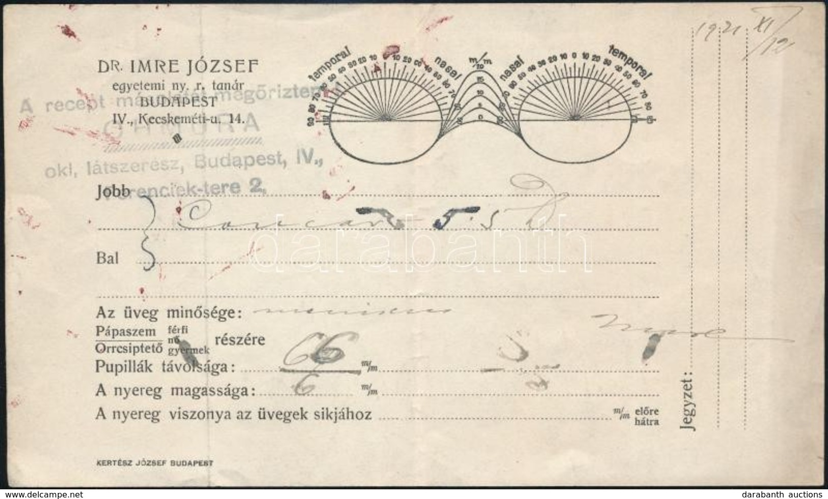 1921 Bp., Dr. Imre József Látszerész  által Kiállított Szemészeti Vizsgálati Lapja - Zonder Classificatie
