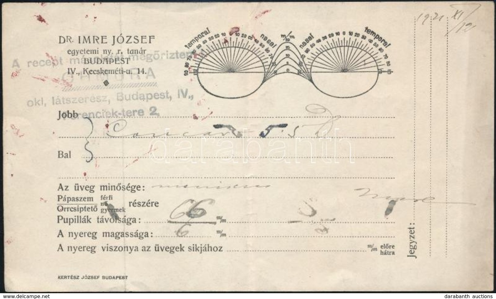 1921 Bp., Dr. Imre József Látszerész  által Kiállított Szemészeti Vizsgálati Lapja - Unclassified