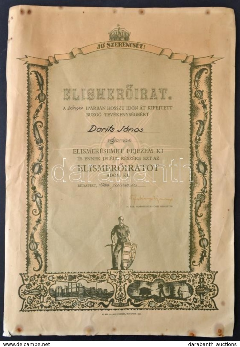 1934 Bányaipari Szolgálatok Miatt Adományozott Elismerő Irat Fabinyi Tihamér Kereskedelemügyi Miniszer Saját Kezű Aláírá - Non Classés