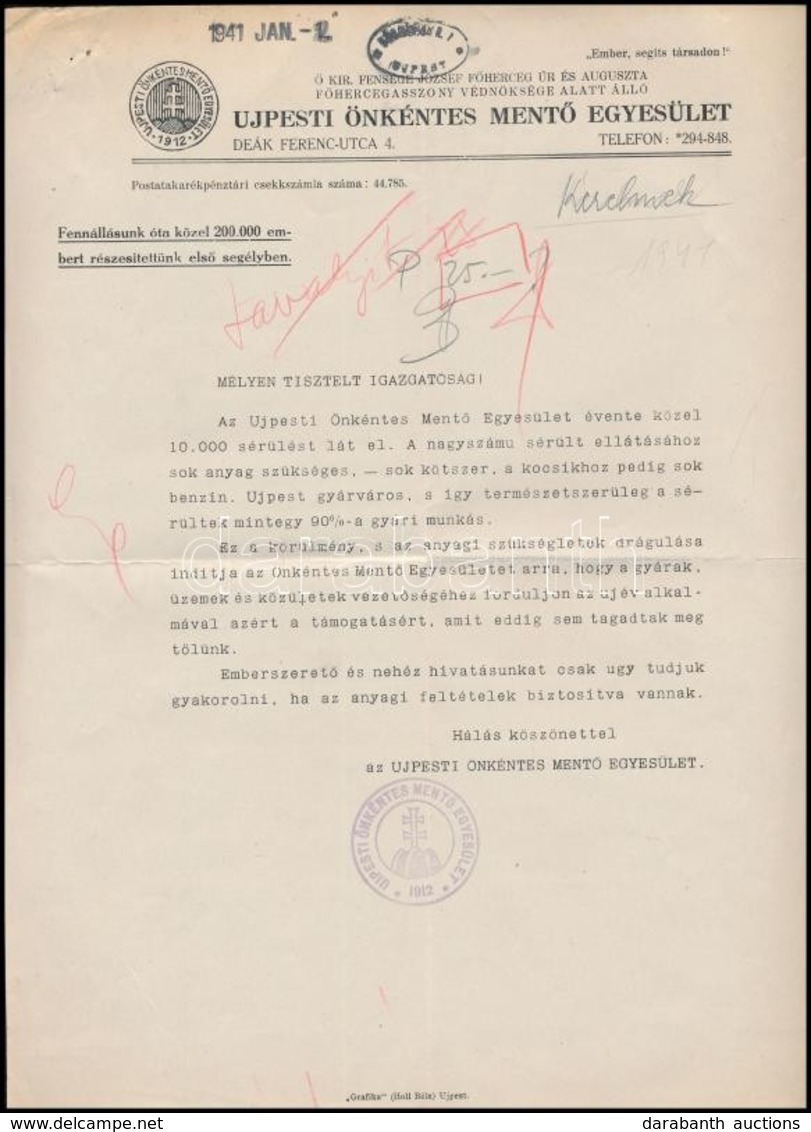 1941 Az Újpesti Önkéntes Mentő Egyesület Támogatáskérő Levele, Fejléces Papíron - Unclassified