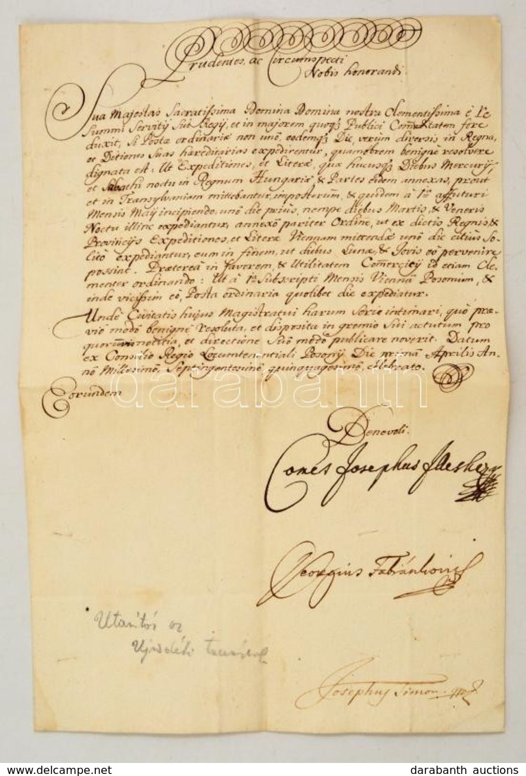 1750 A Helytartótanács Utasítása Az újvidéki Tanácsnak. Gróf Fleisher József, Fábiánkovics György, Simón József Tanácsos - Unclassified