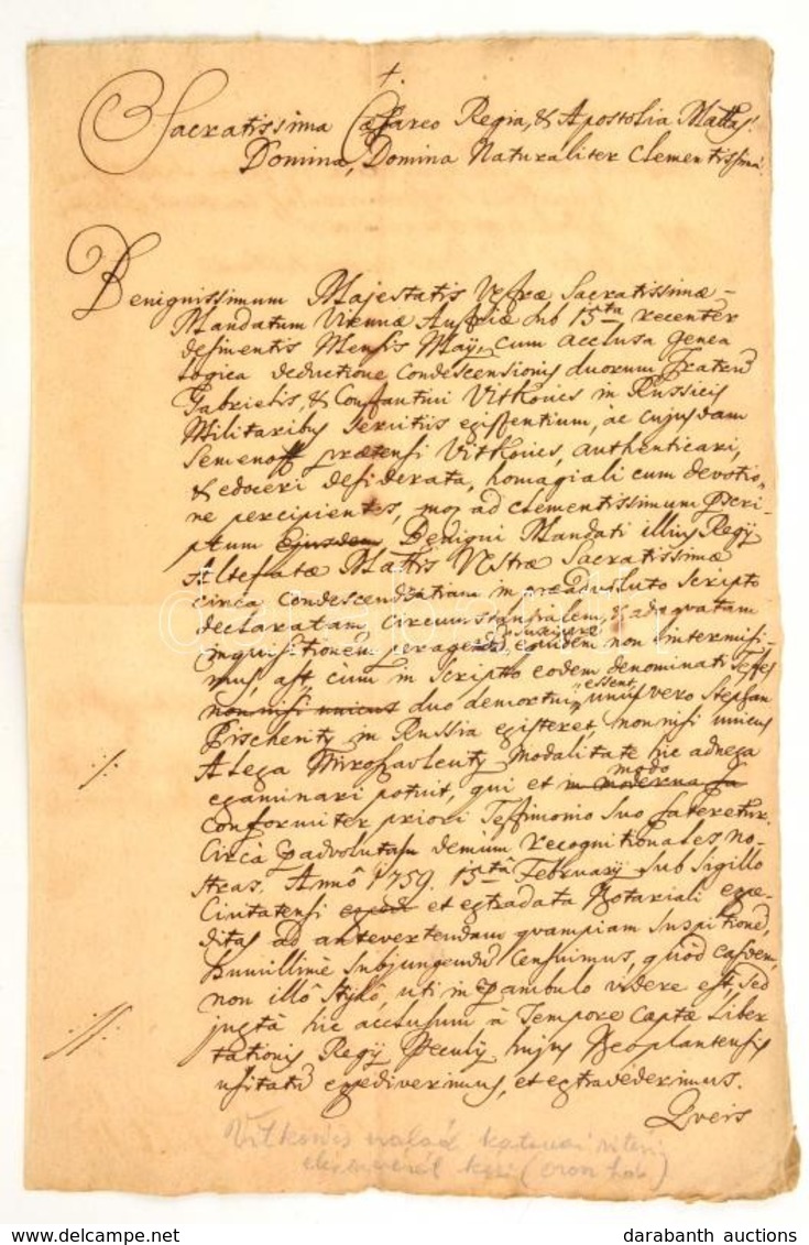 1765 Az Ujvidéki Tanács Előterjesztése Az Udvarhoz A Vitkovics Család Katonai érdemeinek Elismerésére. Két Beírt Oldal - Unclassified