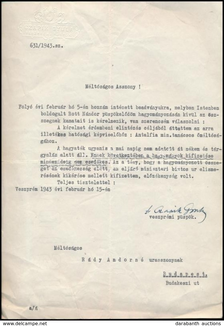 1943 Dr. Czapik Gyula (1887-1956) Veszprémi Püspök Gépelt Levele,a Végén Saját Kezű Aláírásával - Non Classés