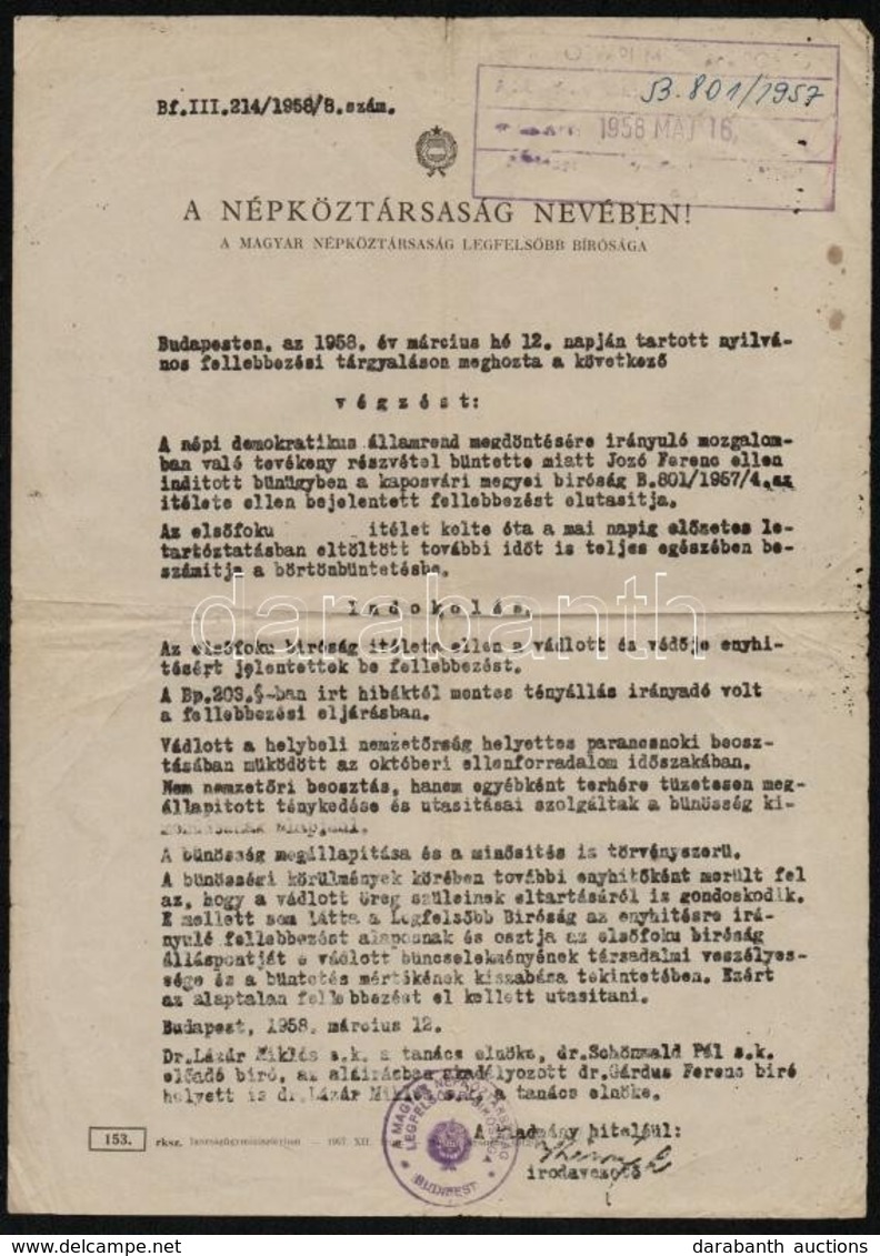 1957 Vádirat Lengyeltóti, Középparaszti Származású Személy Ellen A 'demokratikus államrend Megdöntésére Irányuló Szervez - Non Classés