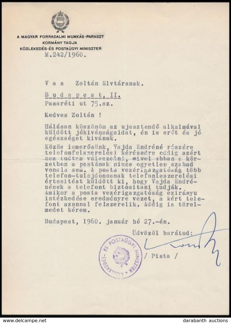 1960 Kossa István Közlekedésügyi- és Postaügyi Miniszter Személyes Hangú Levele, Autográf Aláírásával Vas Zoltán Kommuni - Unclassified