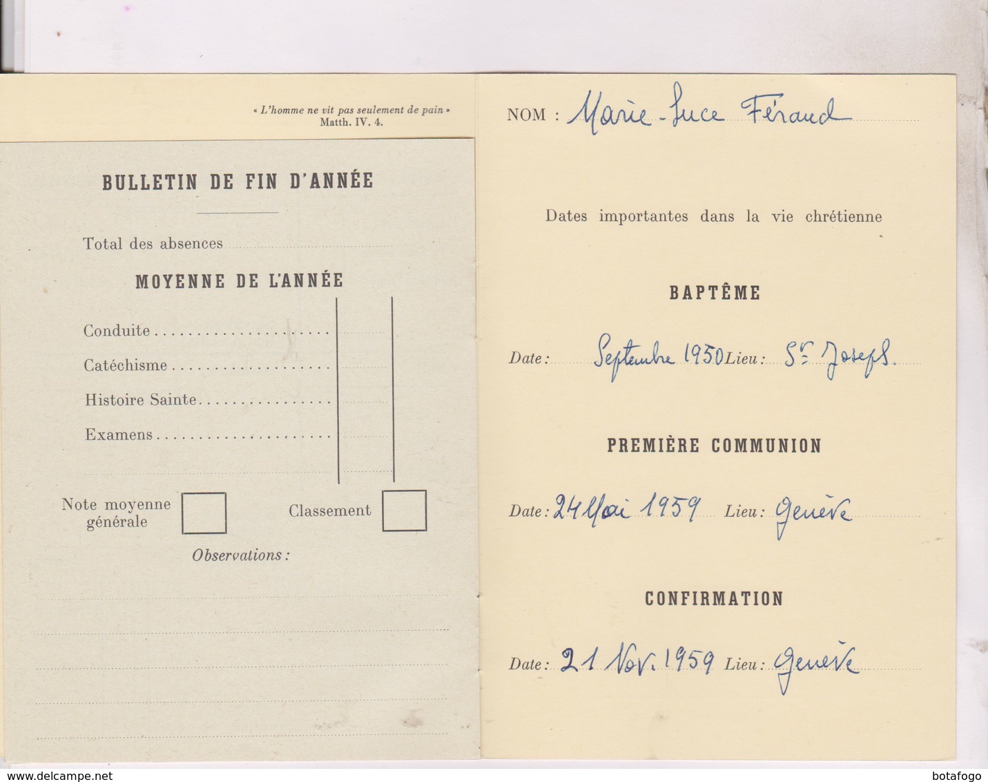 BULLETIN MENSUEL CATECHISME PRIMAIRE 1959/1960  DIOCESE DE LAUSANNE, GENEVE, FRIBOURG - Diplômes & Bulletins Scolaires