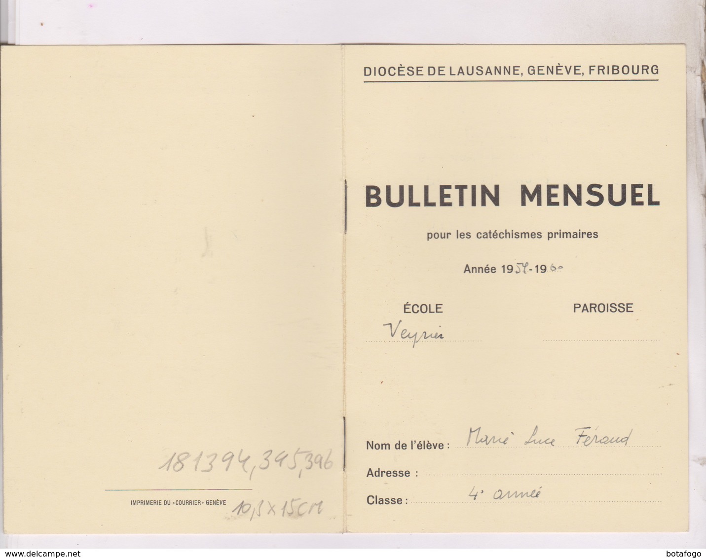 BULLETIN MENSUEL CATECHISME PRIMAIRE 1959/1960  DIOCESE DE LAUSANNE, GENEVE, FRIBOURG - Diplômes & Bulletins Scolaires