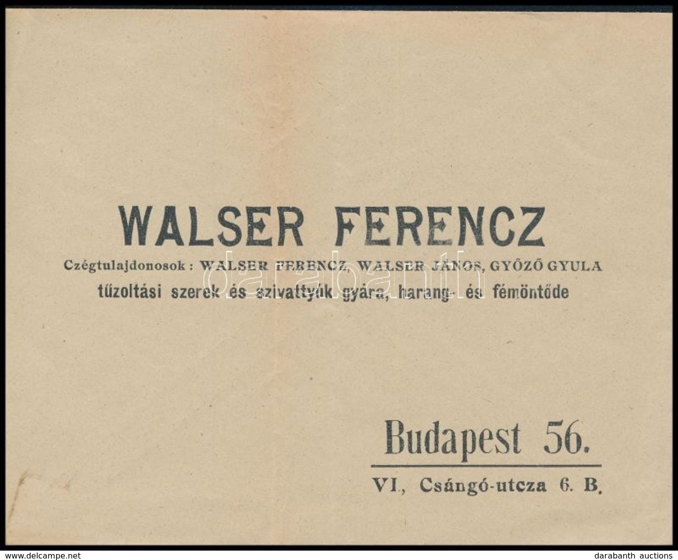 Cca 1920-1940 Walser Ferenc Tűzoltási Szerek és Szivattyúk Gyára, Harang- és Fémöntöde Borítékja, Az Egyik Oldalán Térké - Advertising