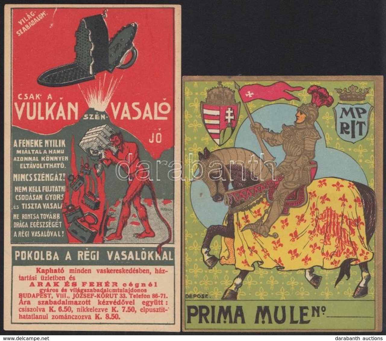 Cca 1920 2 Db Reklám Címke. Vulkán Vasaló, Prima Mule 18 Cm, 14 Cm - Publicités