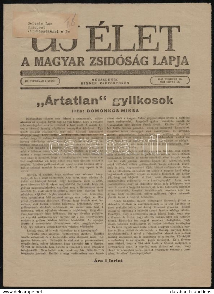 1947 Új Élet. III. évf. 8. Sz., 1947. Február 20. Szerk.: Roóz Rezső. - Autres & Non Classés