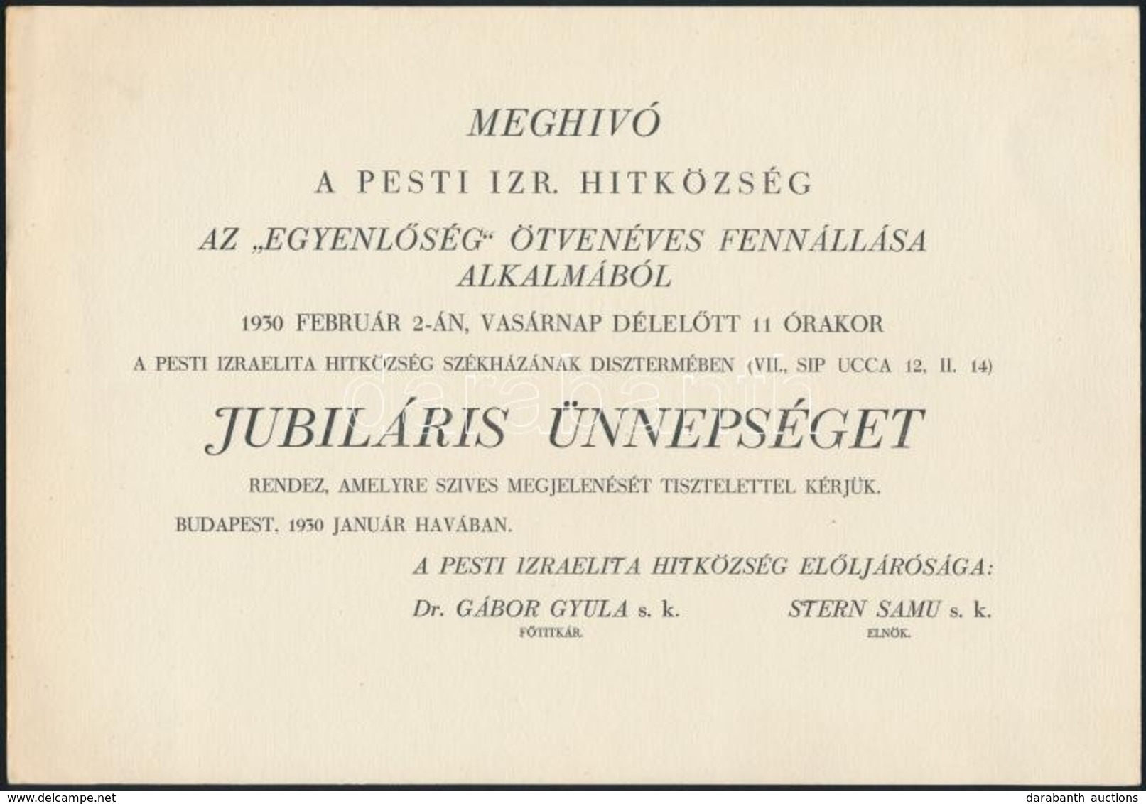 1930 Meghívó A Pesti Izraelita Hitközség által Az 'Egyenlőség' Folyóirat 50 éves évfordulójára Rendezett ünnepségre - Other & Unclassified