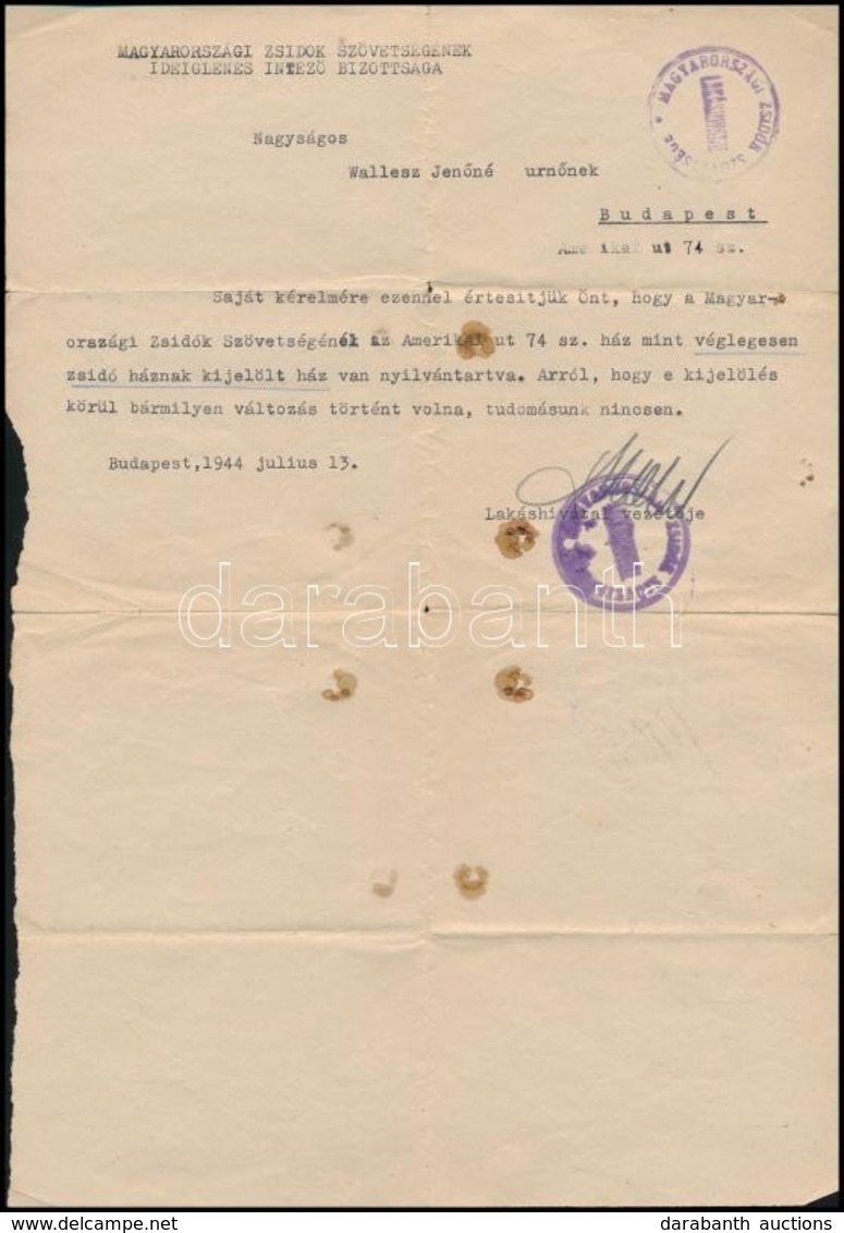 1944 Bp., A Magyarországi Zsidók Szövetségének Ideiglenes Intéző Bizottsága által írt Levél Véglegesen Zsidó Háznak Jelö - Other & Unclassified