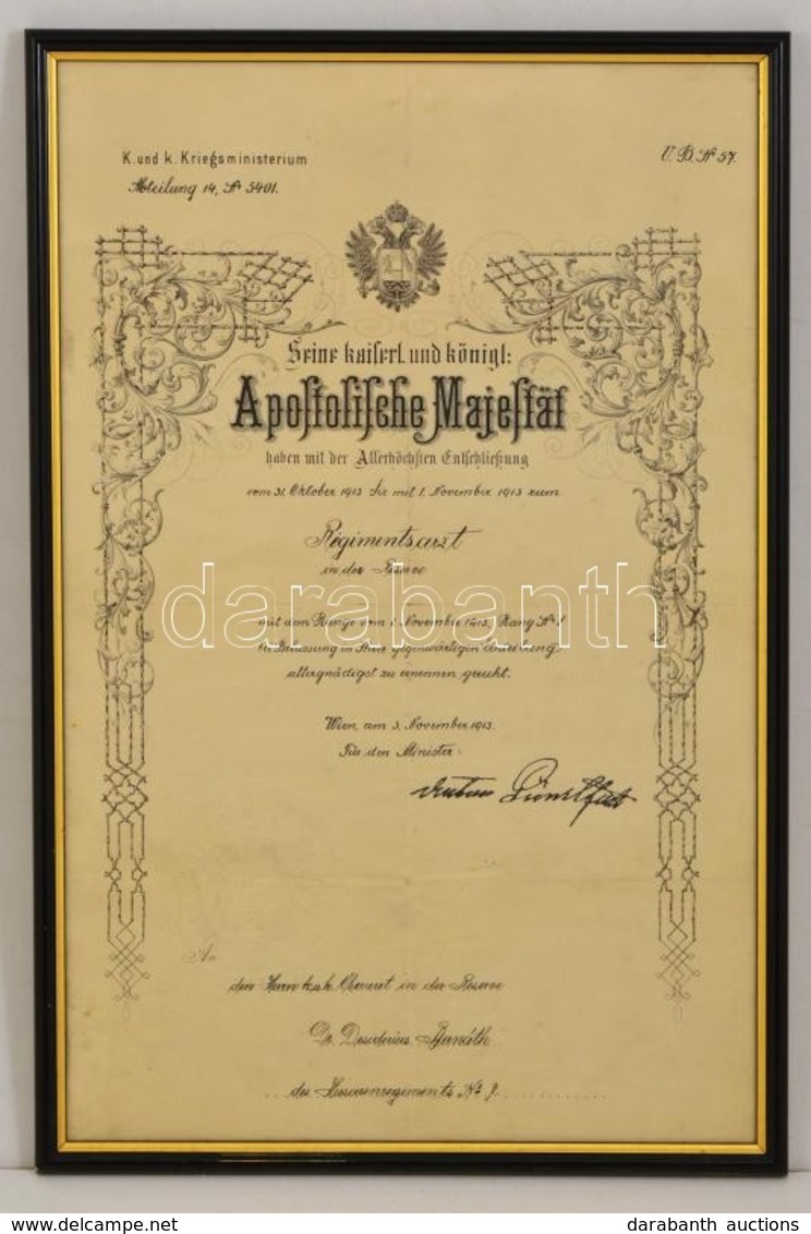 1913 Ezredorvosi Kinevezés Szárazpecséttel, üvegezett Keretben. / Regimentartzt, Military Doctor Appointment  31x48 Cm - Non Classés
